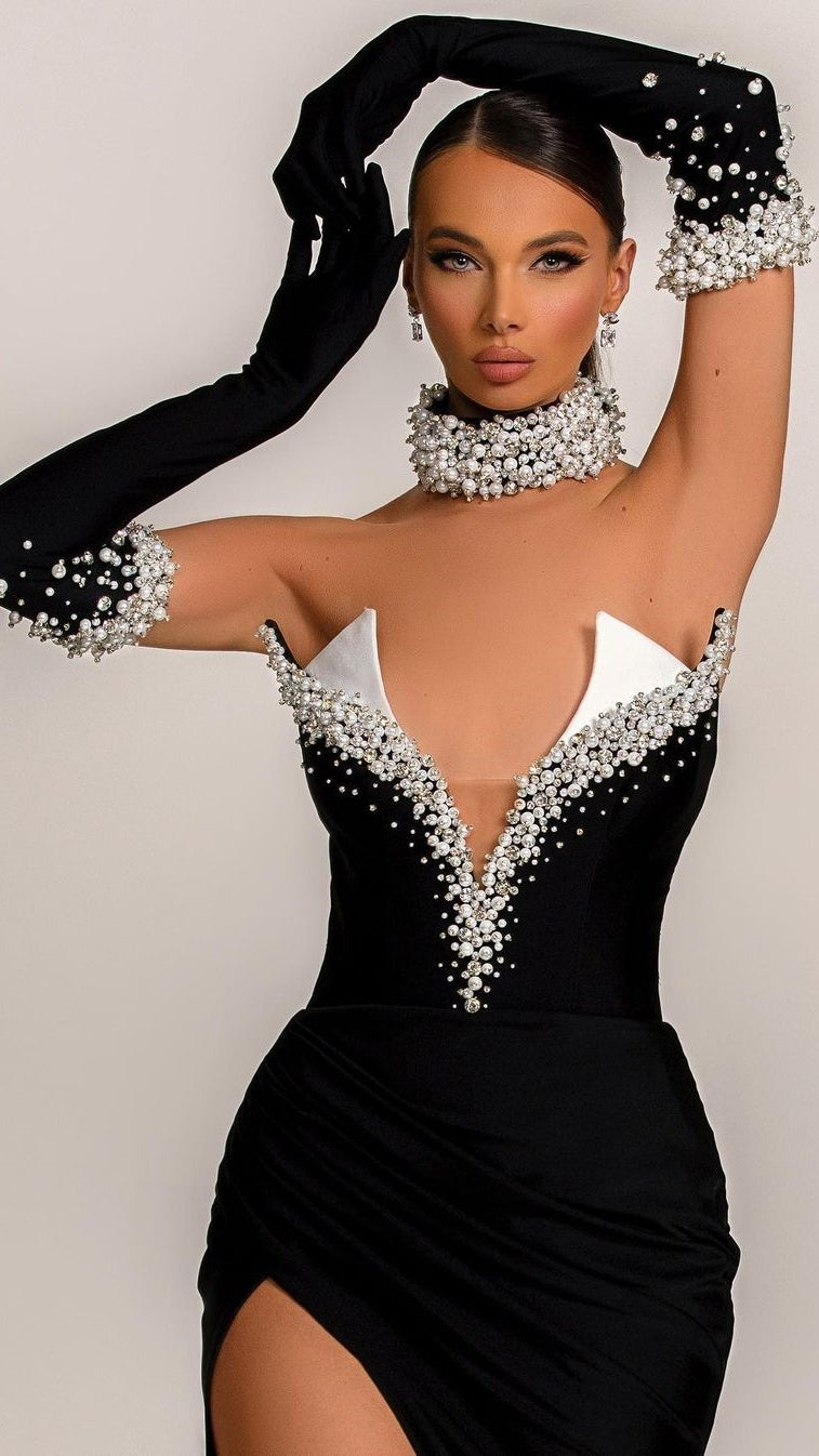 Black V-Neck Halter Half Sleeves Beadings Split Evening Dress