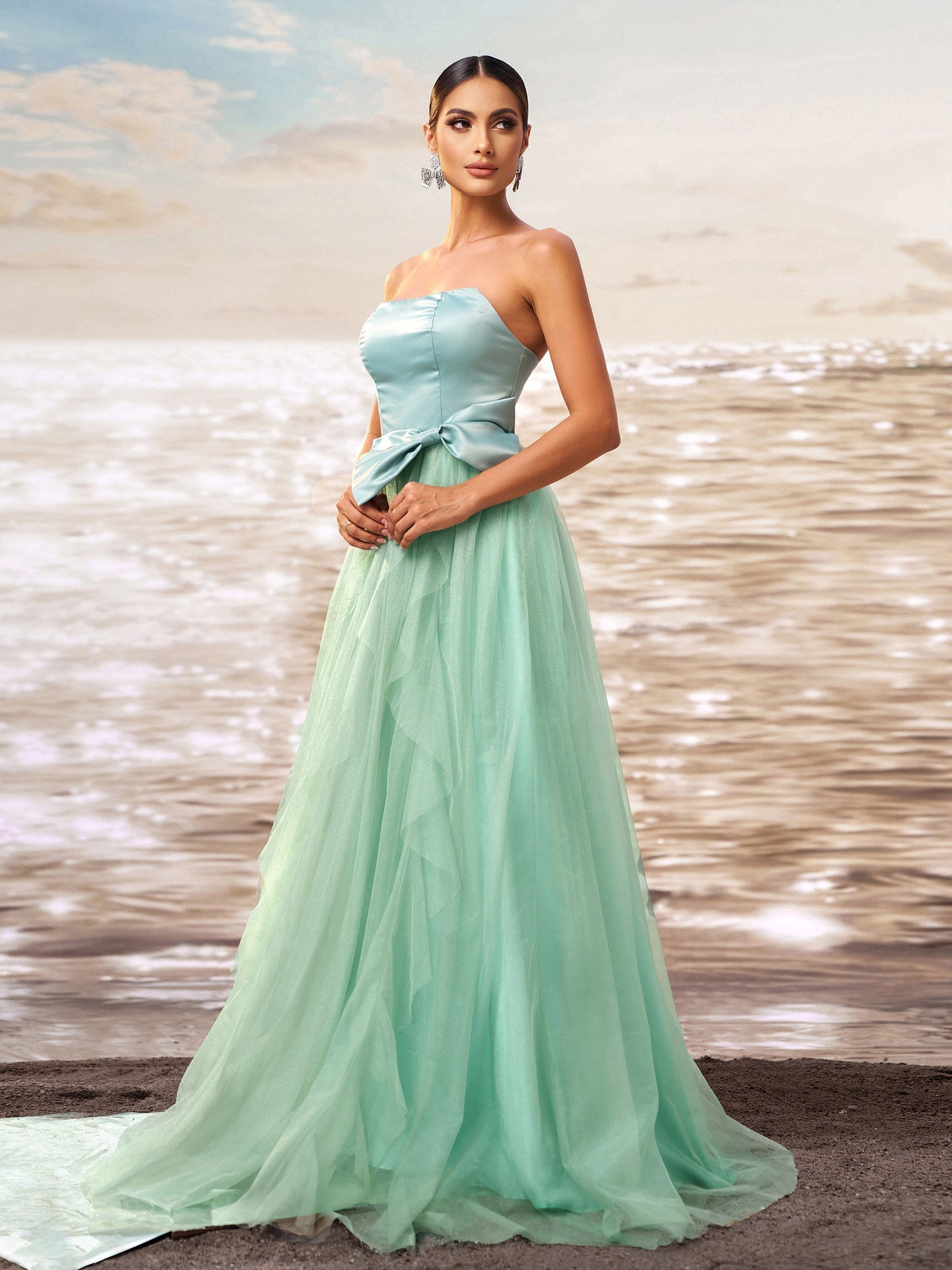 Strapless Satin Tulle Evening Gown