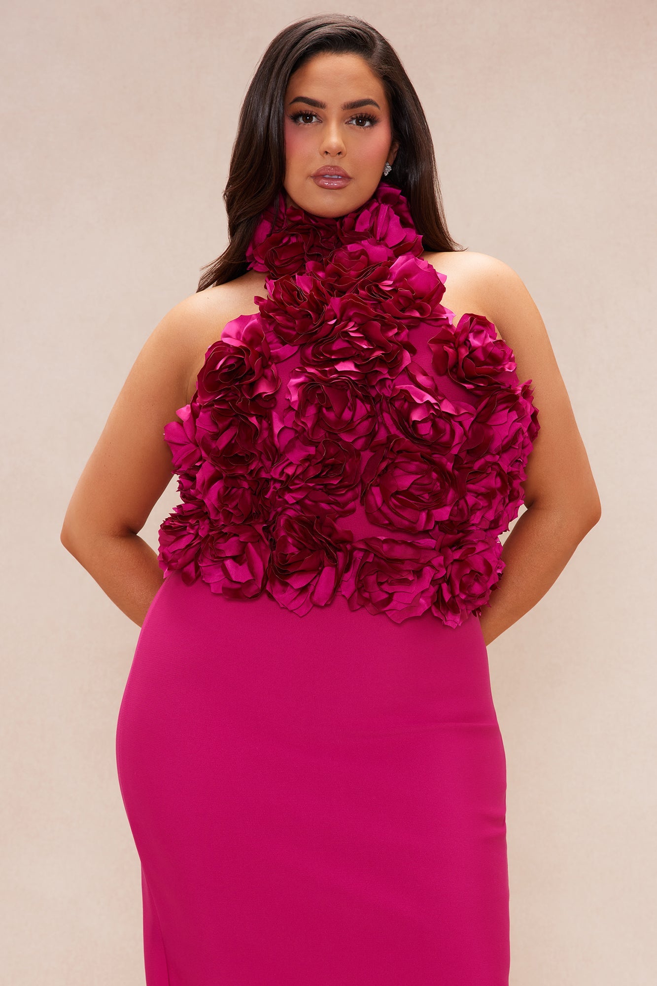Fuchsia Halterneck Dress with 3D Floral Accents and Pencil Skirt