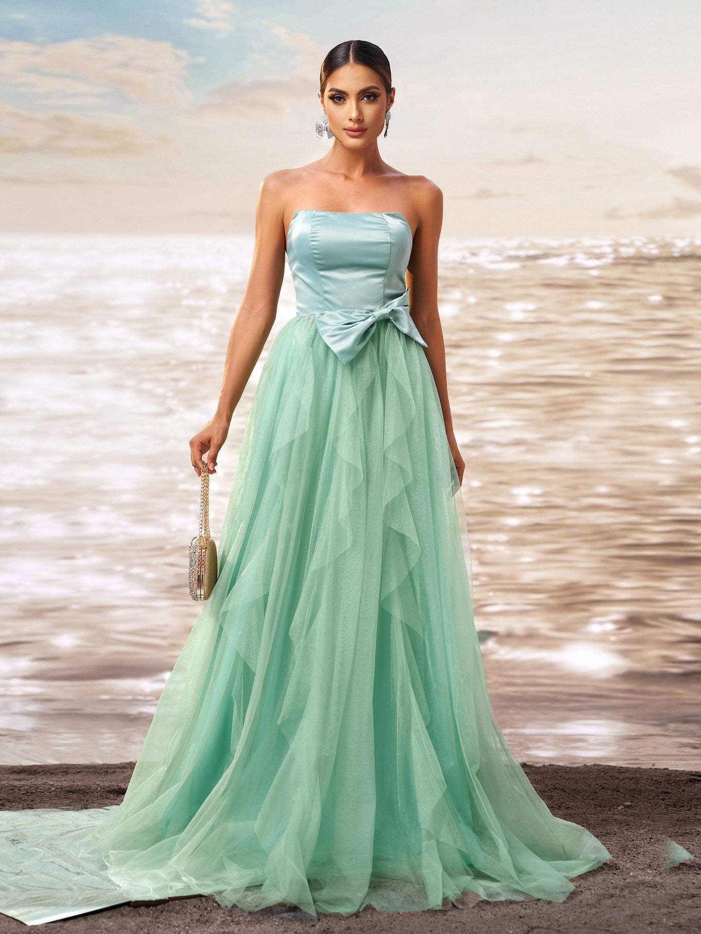 Strapless Satin Tulle Evening Gown
