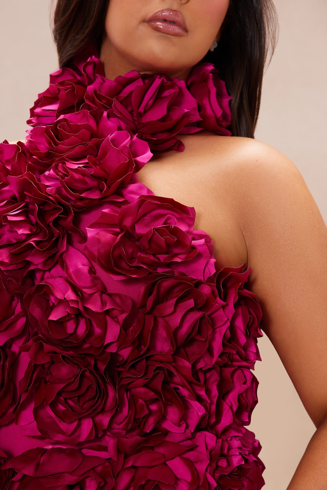 Fuchsia Halterneck Dress with 3D Floral Accents and Pencil Skirt