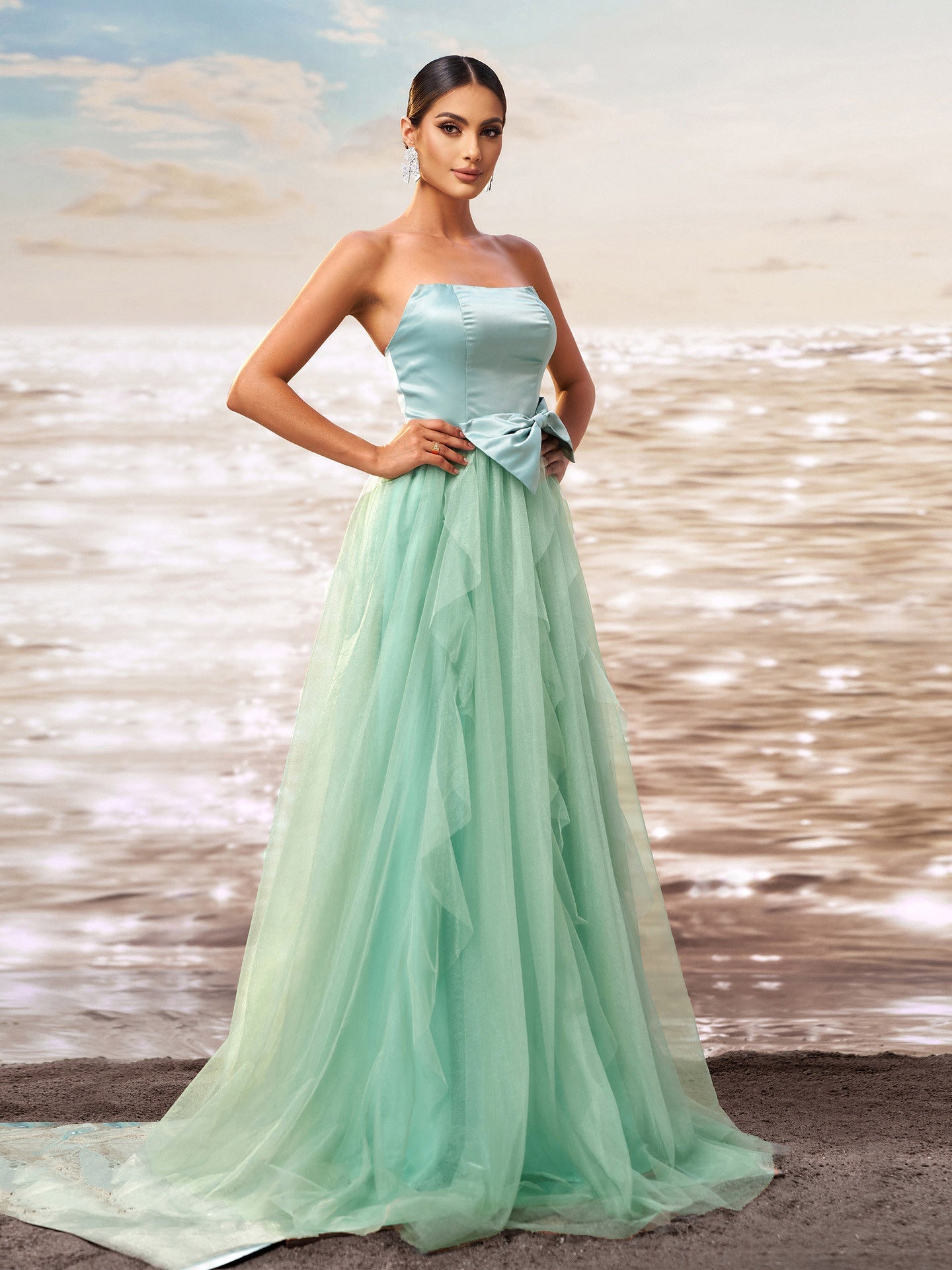 Strapless Satin Tulle Evening Gown