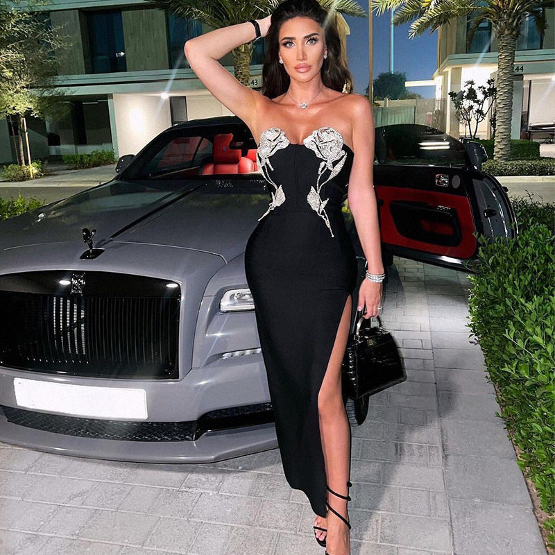 Bandage Shimmering Rose Rhinestones Slit Maxi Dress