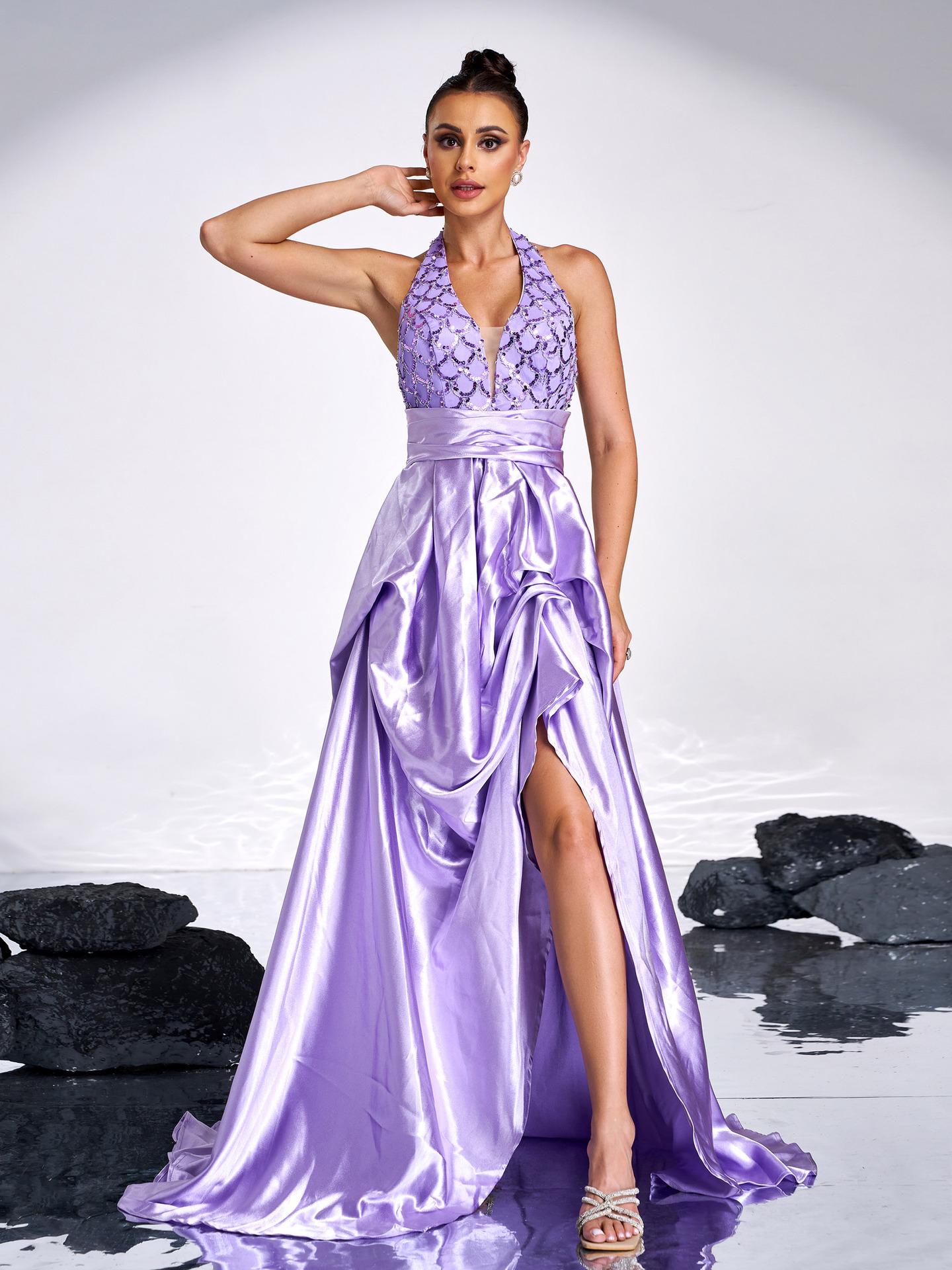 Sleeveless Hanging Neck Sequin Hem Dress