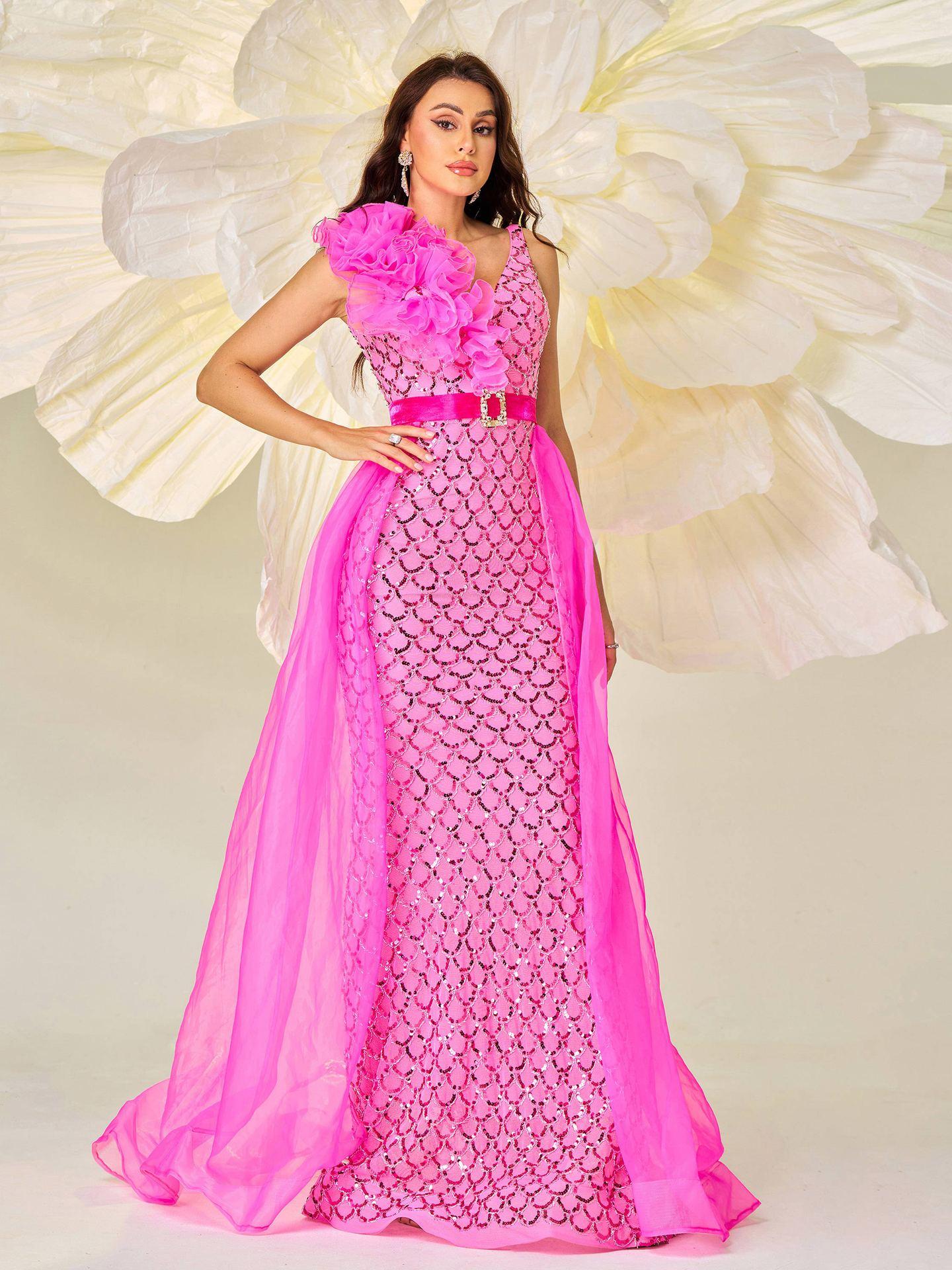Sleeveless V-neck Sequin Fishtail Dress