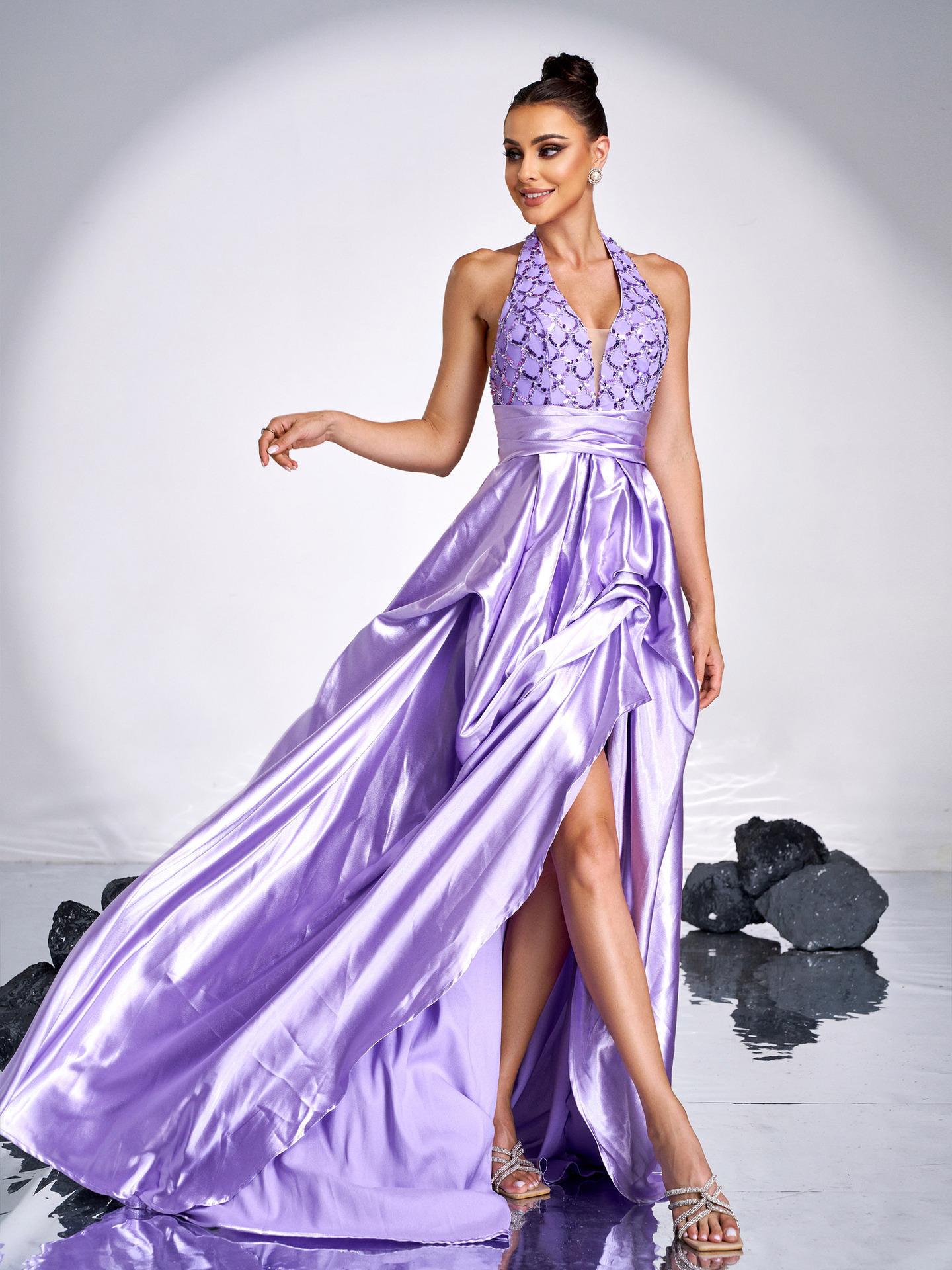 Sleeveless Hanging Neck Sequin Hem Dress