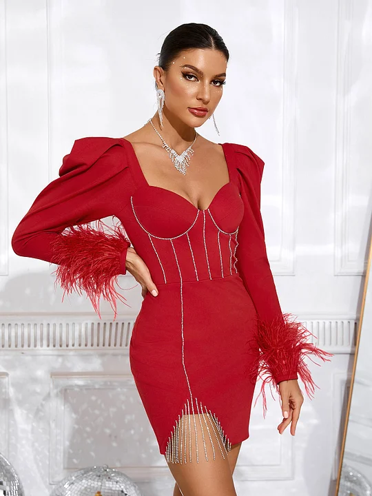 Red Feather Split Studded Chain Fringe Dress