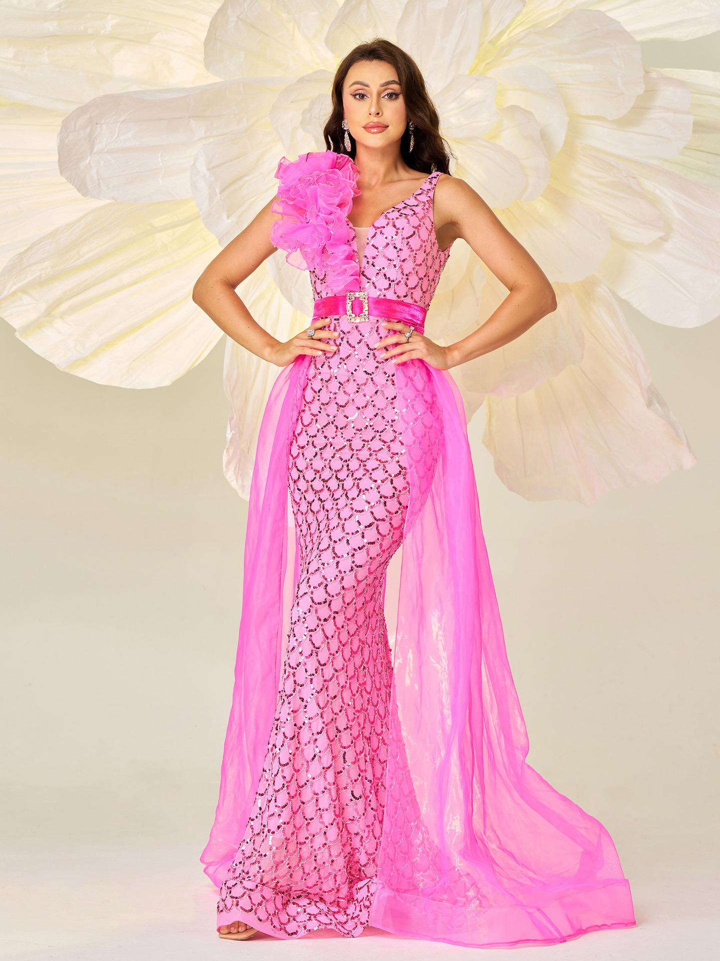 Sleeveless V-neck Sequin Fishtail Dress