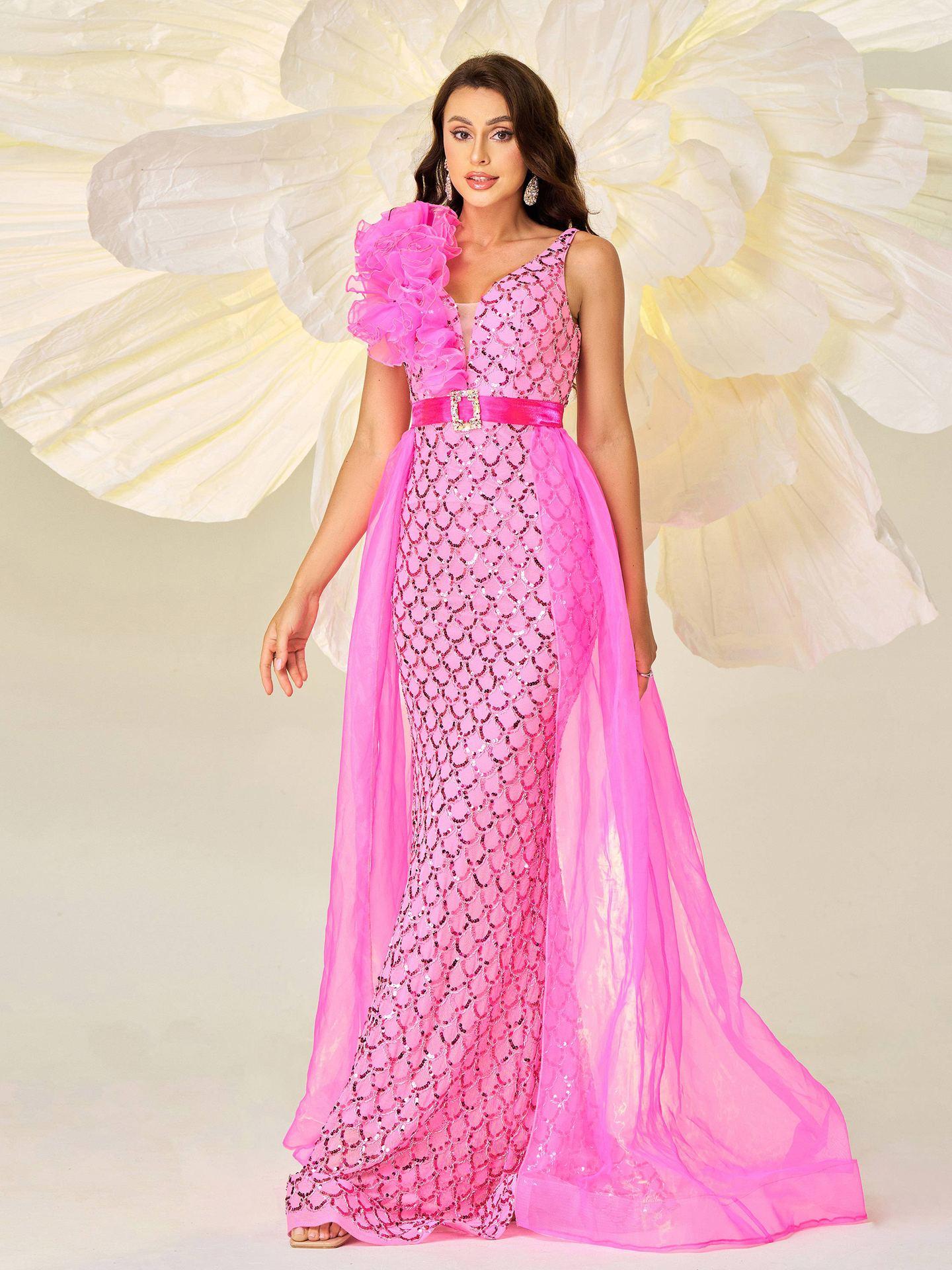 Sleeveless V-neck Sequin Fishtail Dress