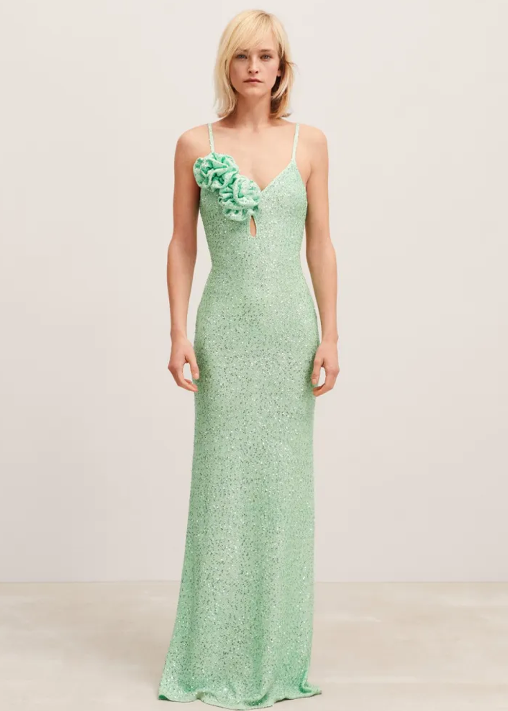 Mint Green Sequin Spaghetti-Strap Maxi Dress with Flower Detail
