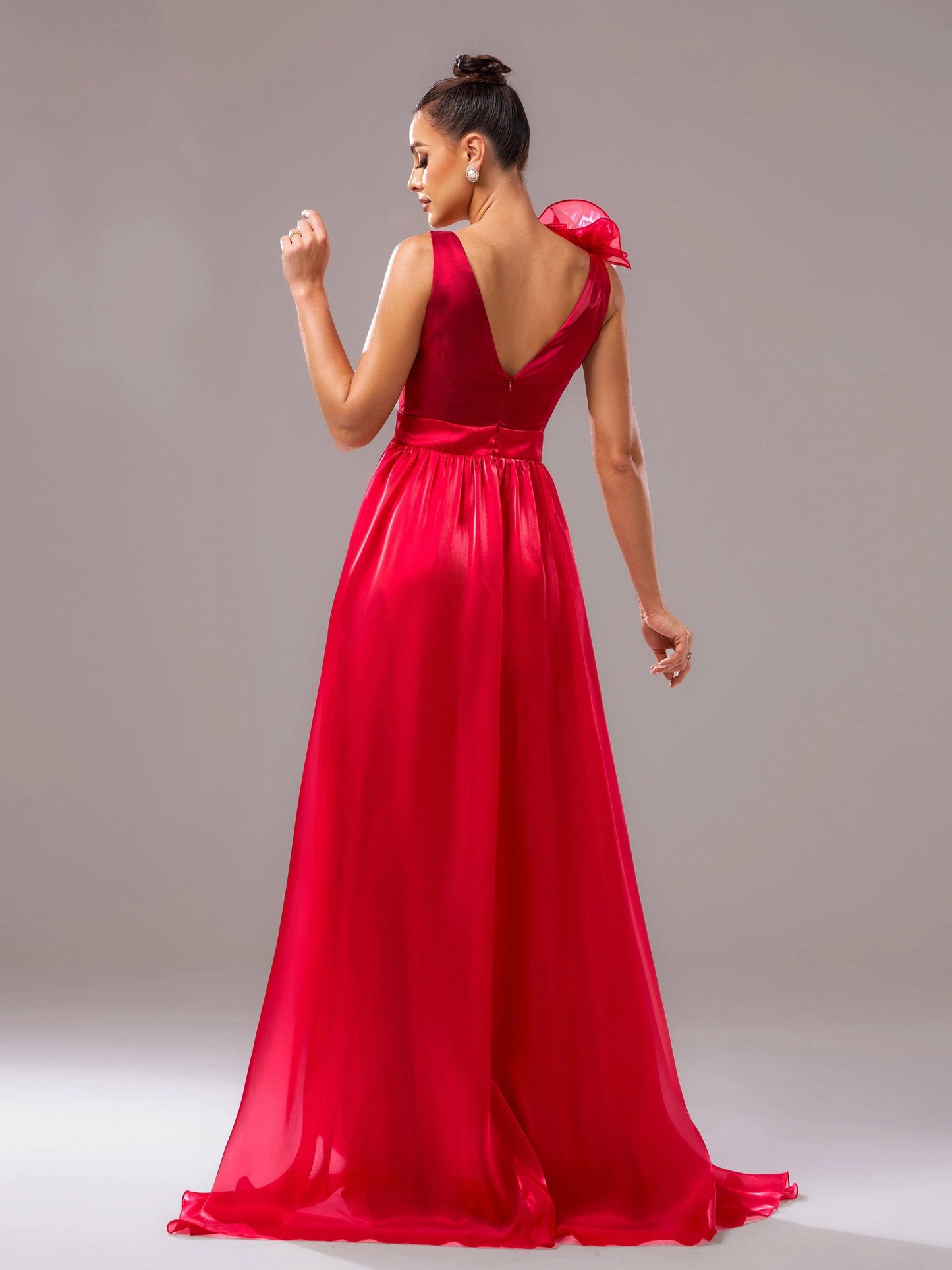 Red Floral Satin V-Neck A-line Evening Dress