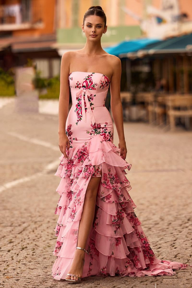 Ruffled Layers and Bow Detail Floral Strapless Gown