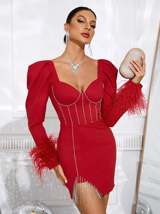 Red Feather Split Studded Chain Fringe Dress