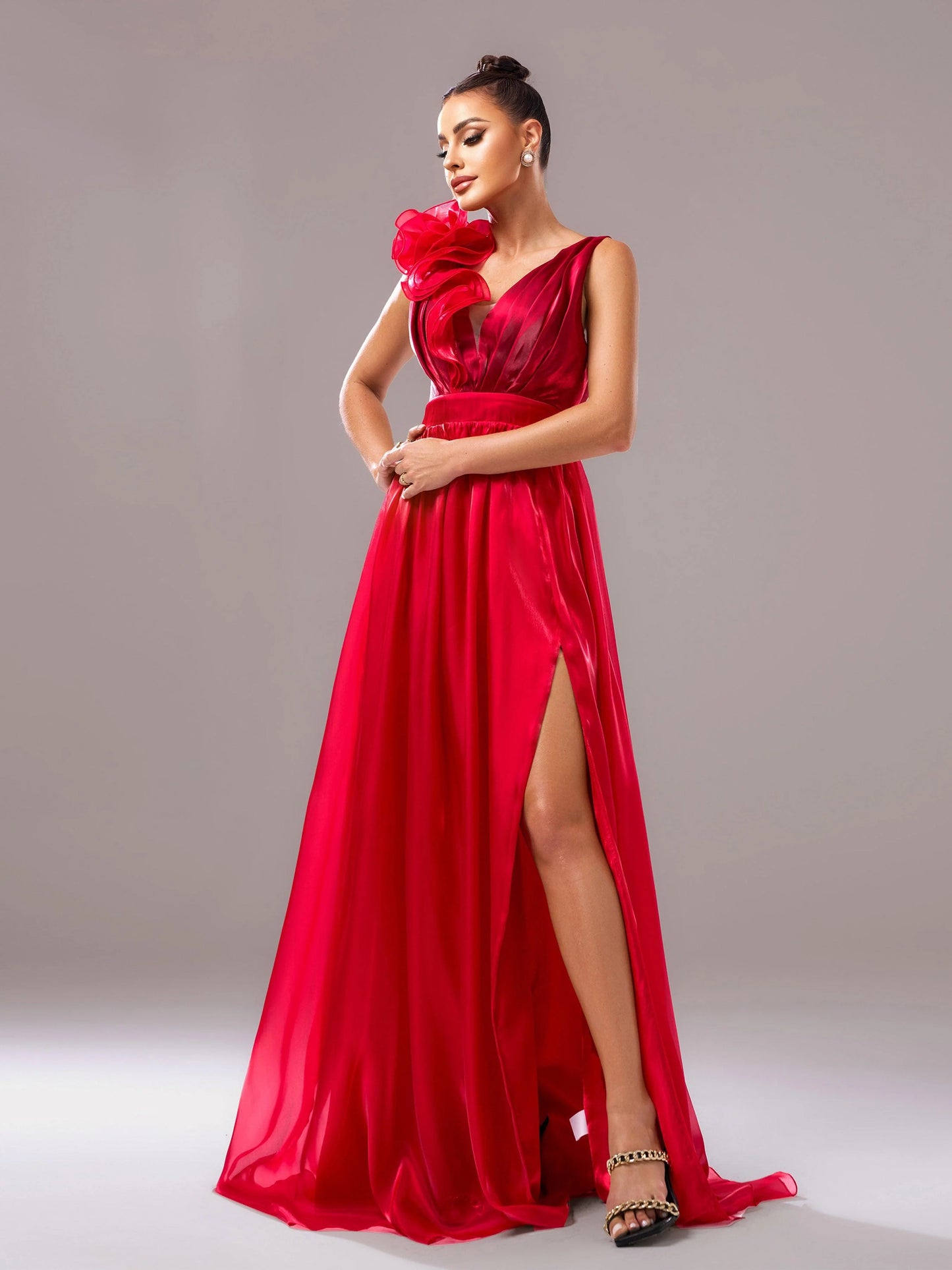 Red Floral Satin V-Neck A-line Evening Dress