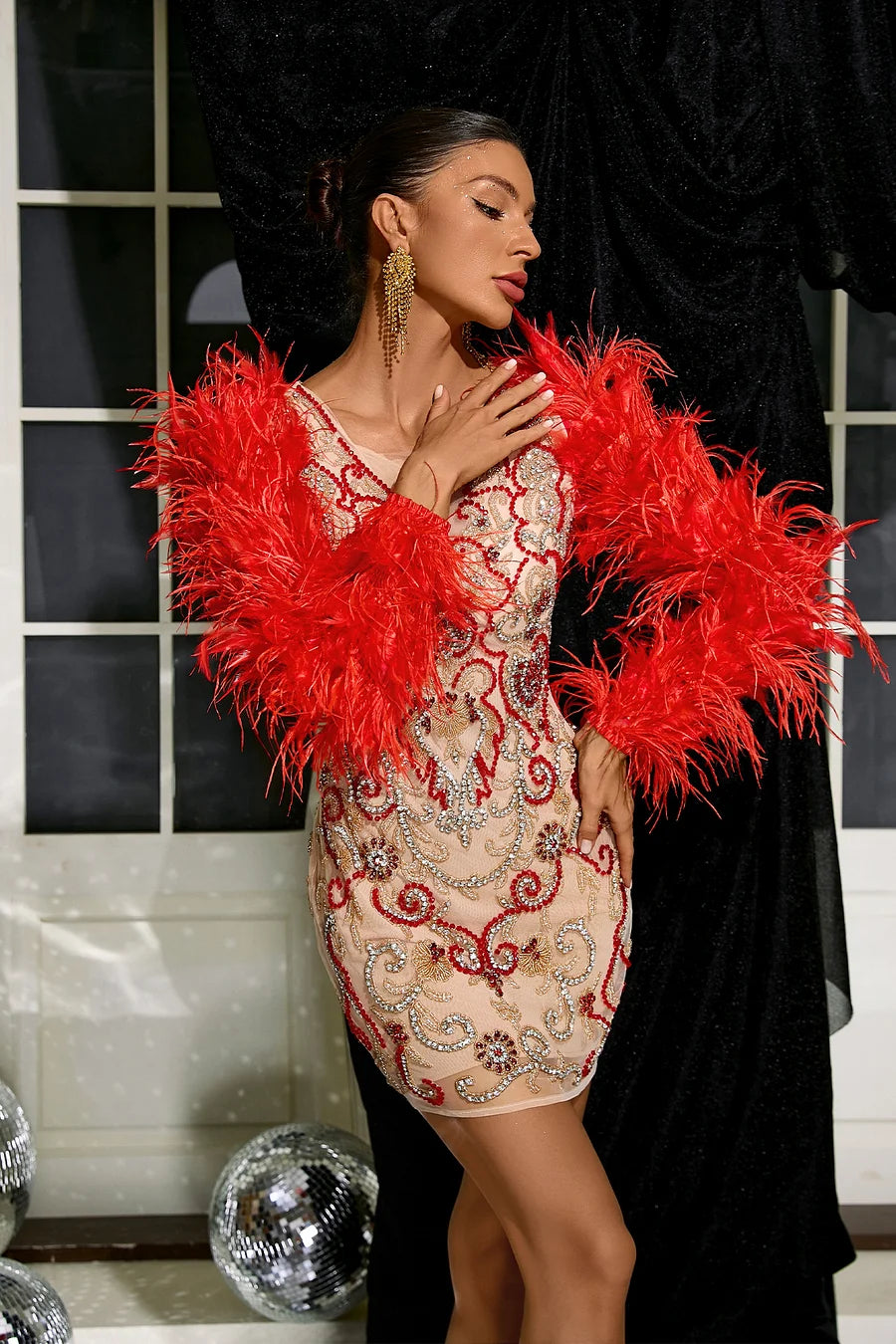 Feather Long Sleeve Diamante Skinny Mini Dress