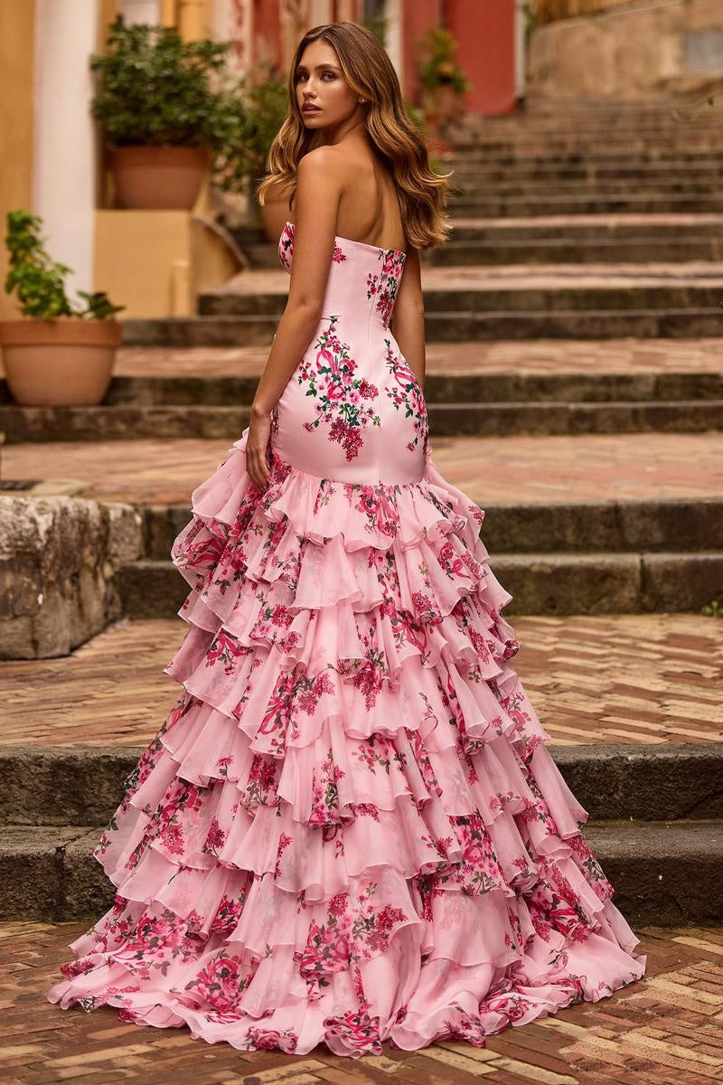Ruffled Layers and Bow Detail Floral Strapless Gown