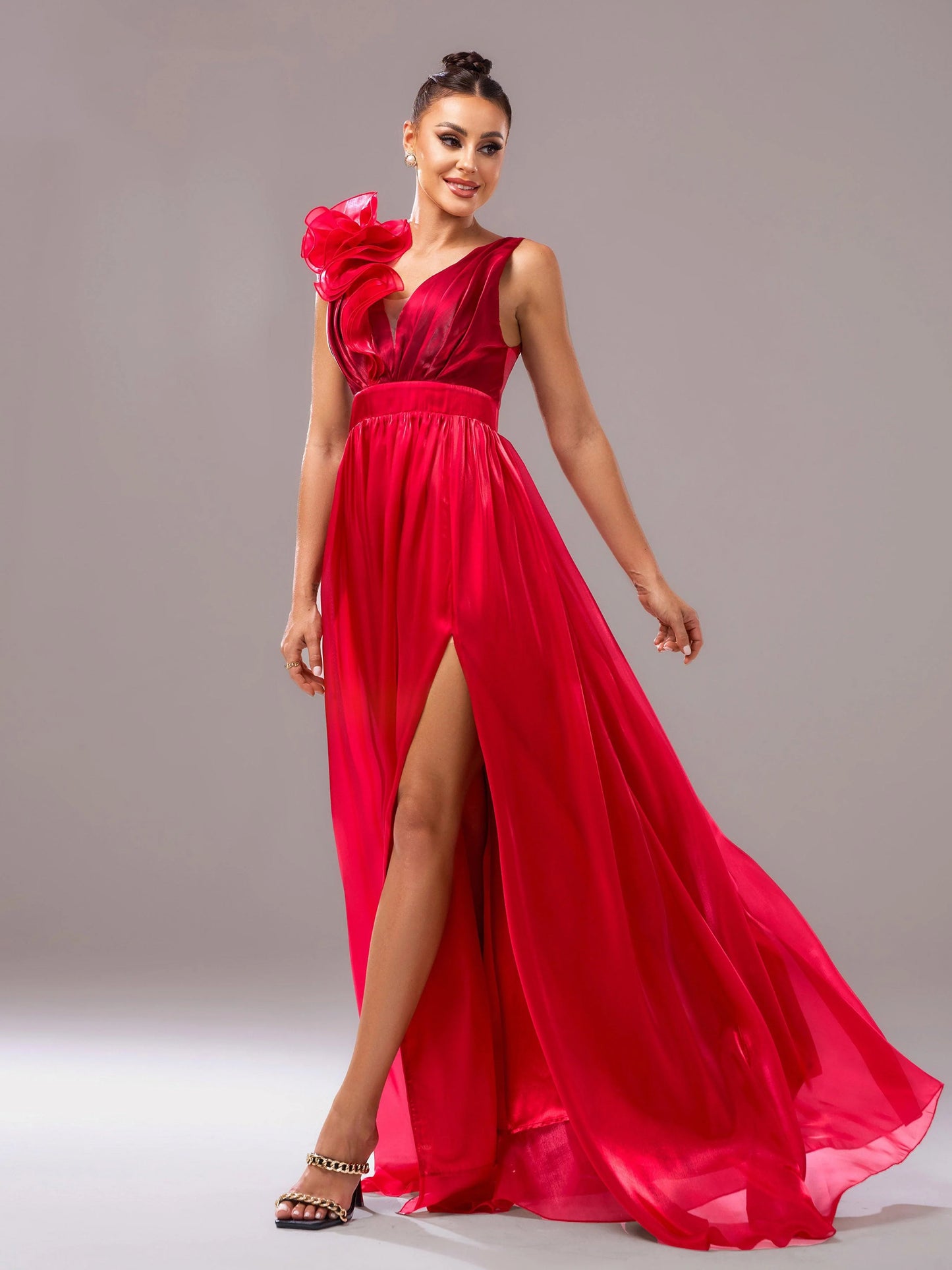Red Floral Satin V-Neck A-line Evening Dress