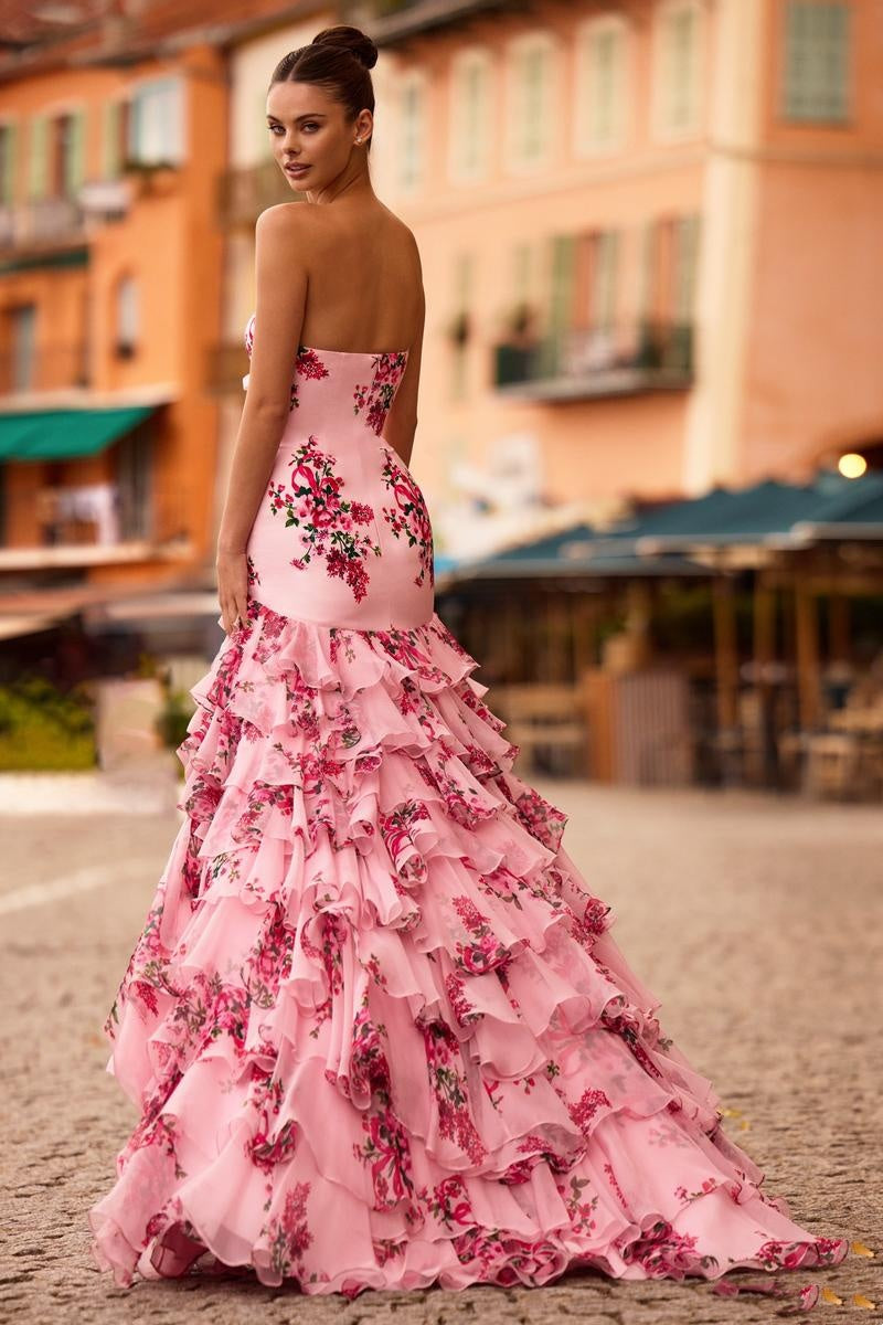Ruffled Layers and Bow Detail Floral Strapless Gown