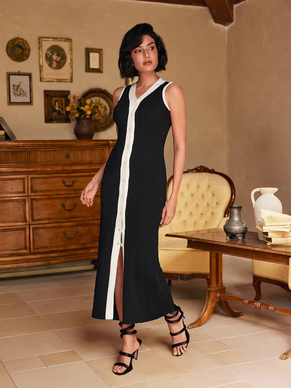 V Neck Button Knitted Midi Dress In Black