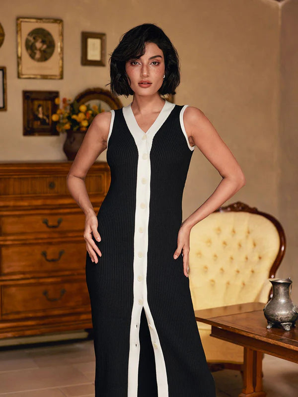 V Neck Button Knitted Midi Dress In Black