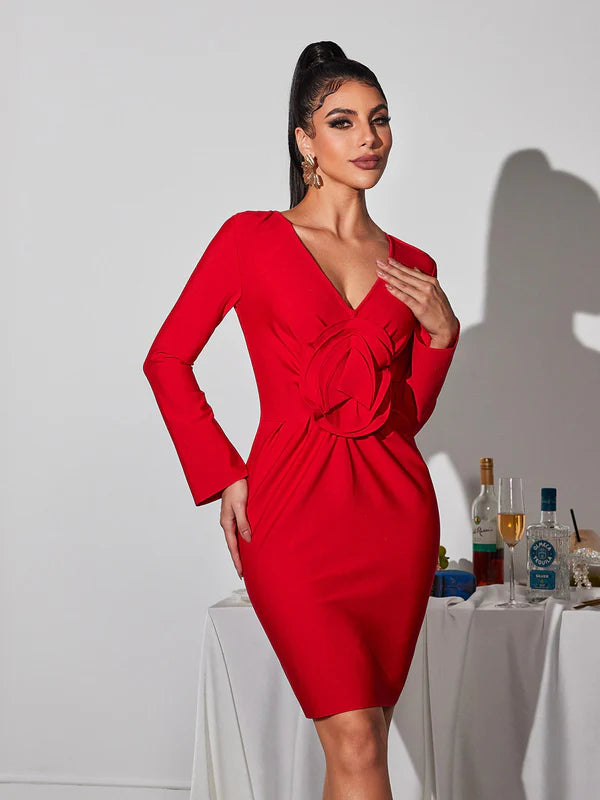 V-Neck Red Large Floral Bandage Dress