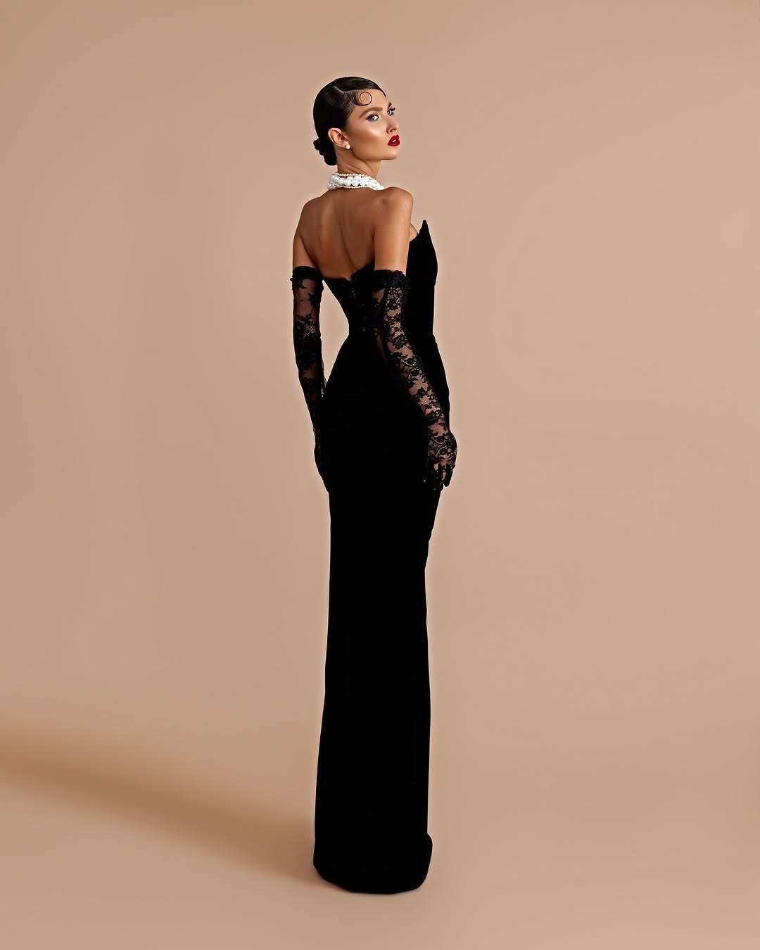 YS-High-Slit and Lace Gloves Black Gown