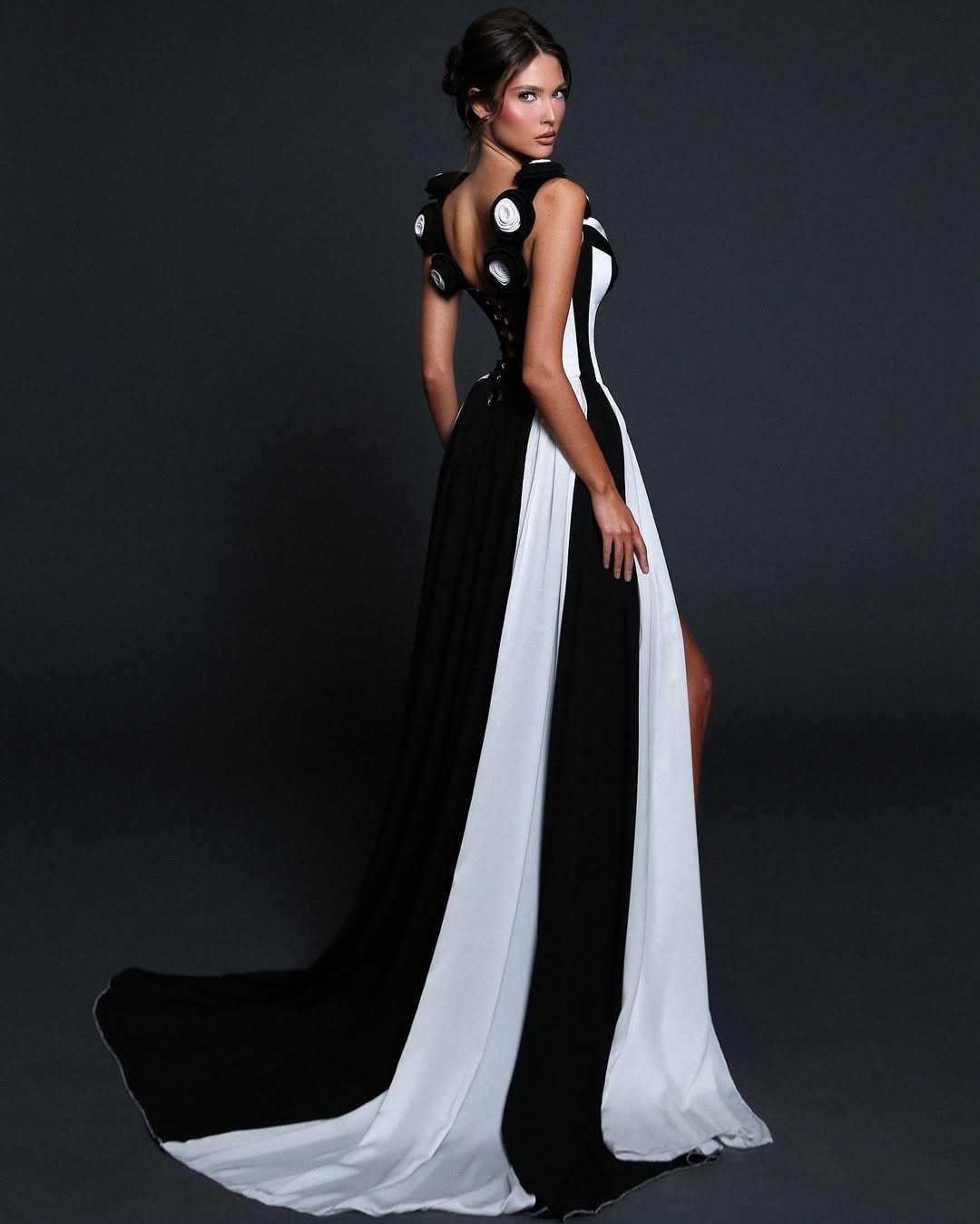High Slit and Shoulder Circle Details Black and White Striped Gown