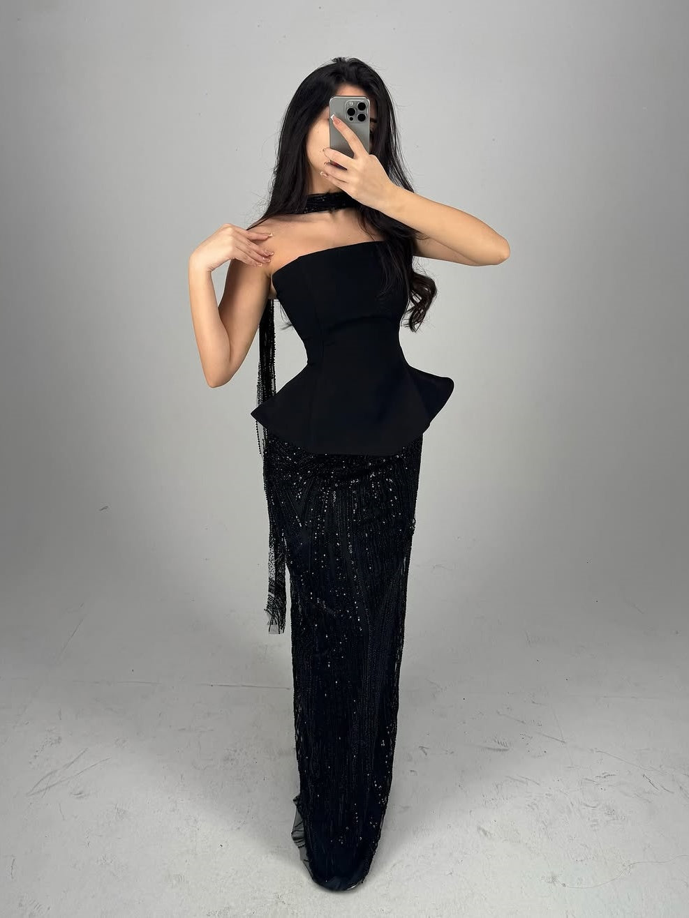 Elegant Bandage Neck Sequin Skirt Set