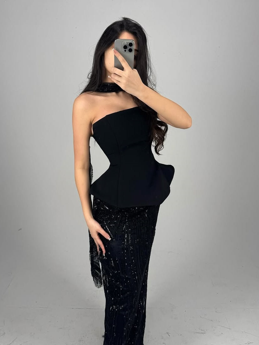 Elegant Bandage Neck Sequin Skirt Set