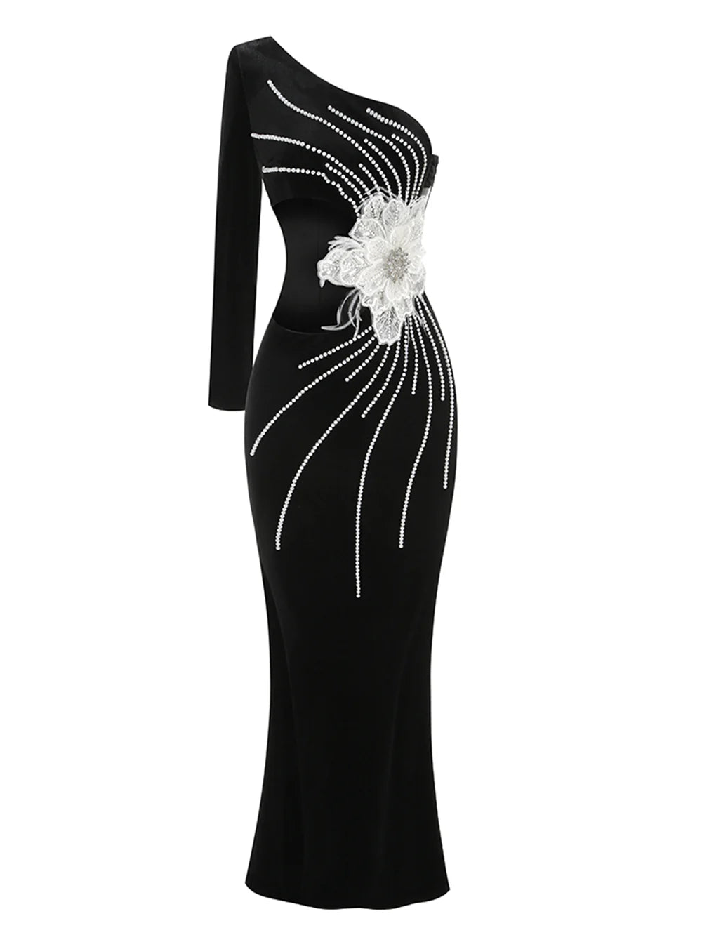 One Shoulder Long Sleeve 3D Flower Maxi Dress