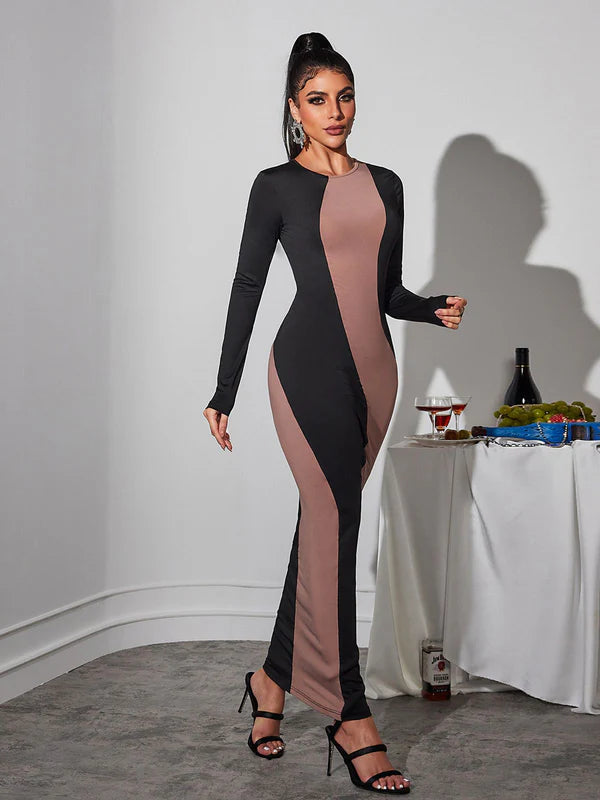Color Clashing Round Neck Wrap Dress