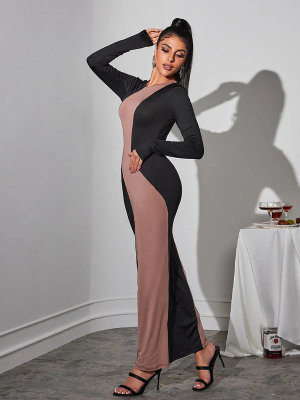 Color Clashing Round Neck Wrap Dress