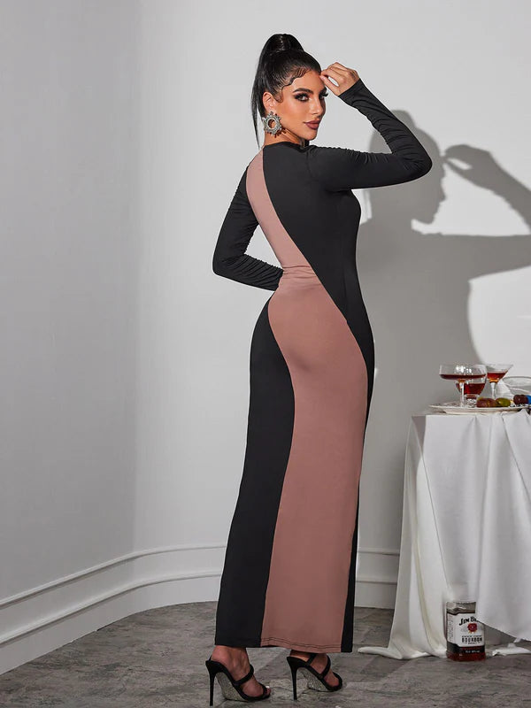 Color Clashing Round Neck Wrap Dress