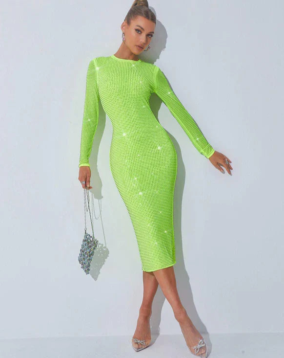 Slim Fit Wrap Hip Perforated Drill Embellished Midi Dress