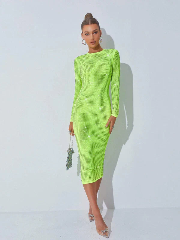 Slim Fit Wrap Hip Perforated Drill Embellished Midi Dress