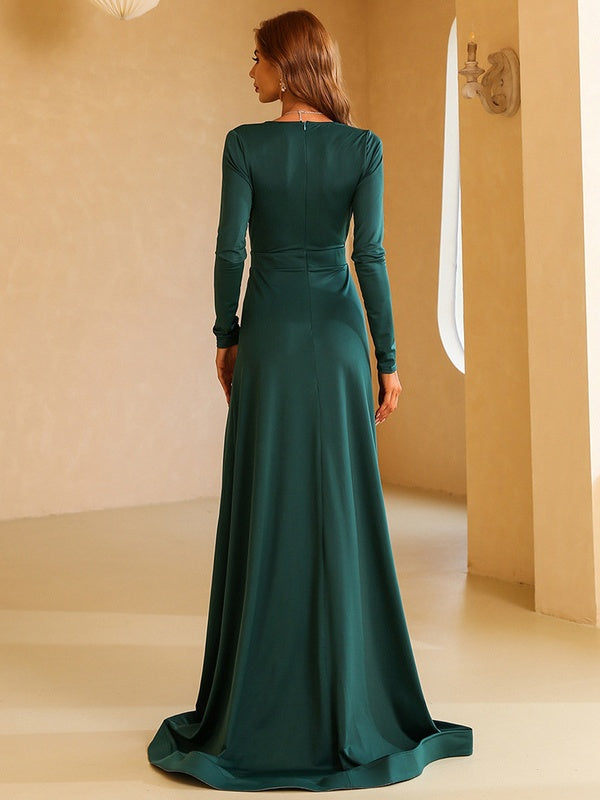 Slim Fit Long Simple Green Slit Evening Gown Dress