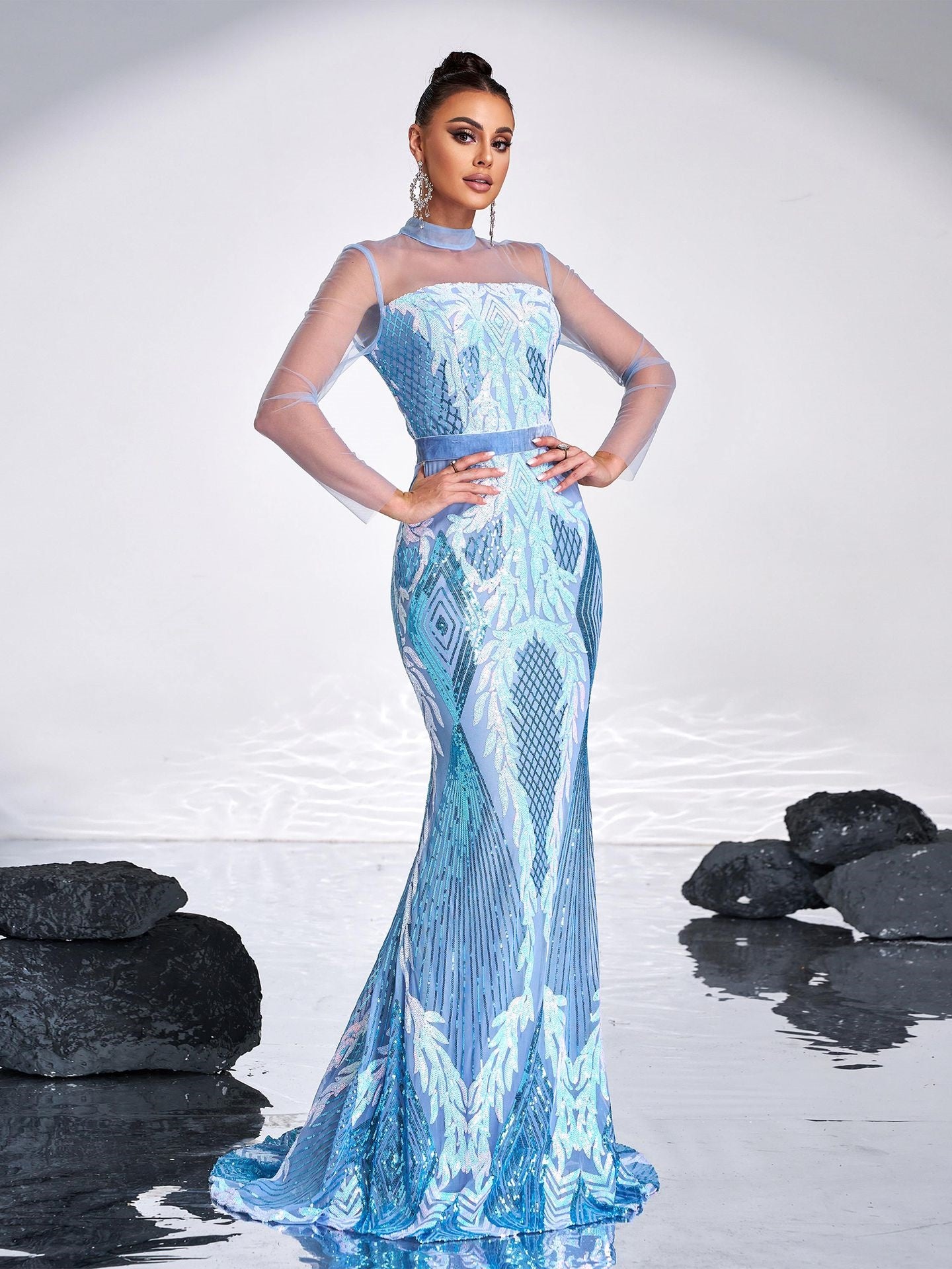 Round Neck Sheer Sequin Evening Gown Maxi Dress