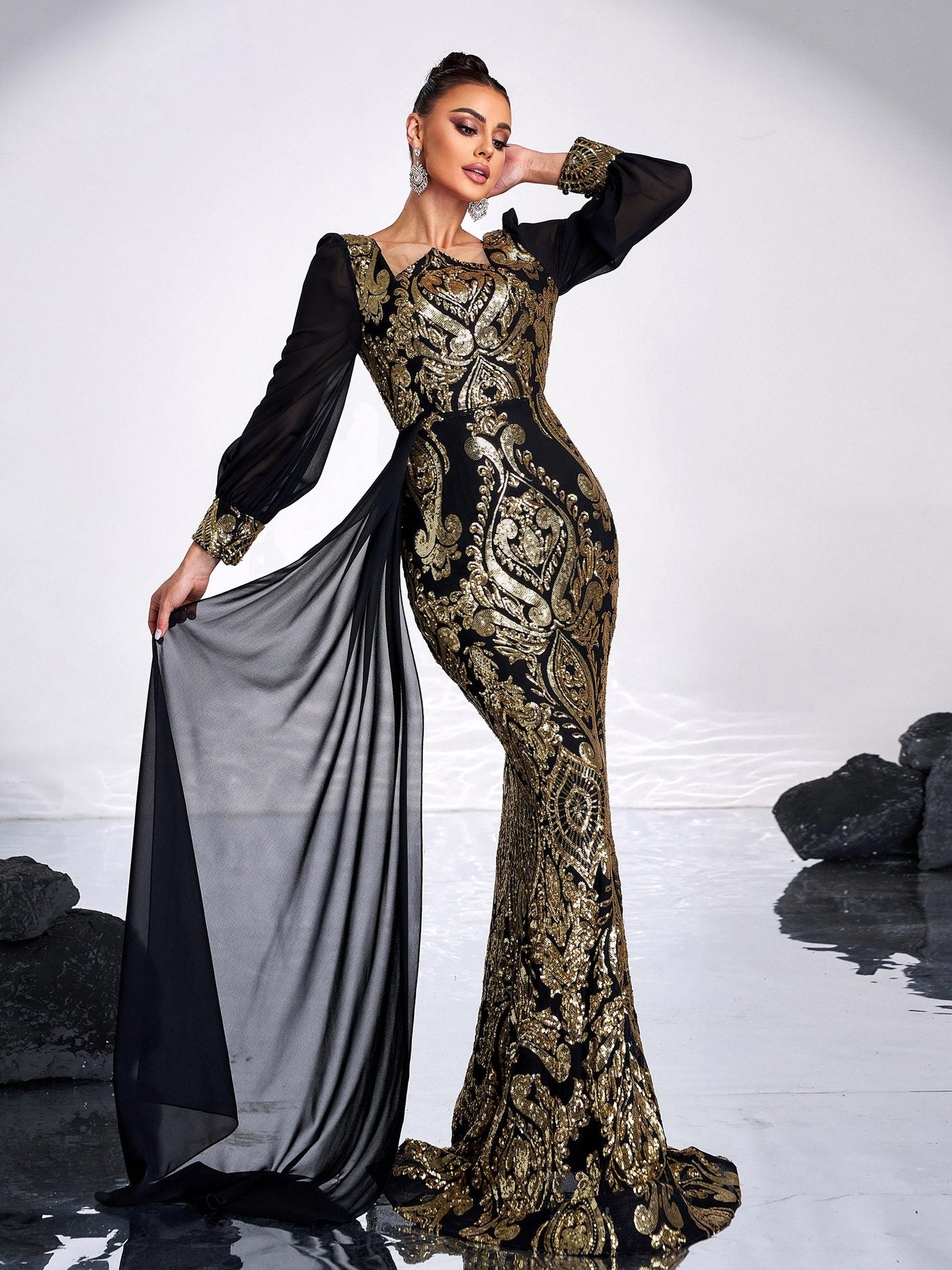 Square Neck Sequin Flowing Ribbon Maxi Dress