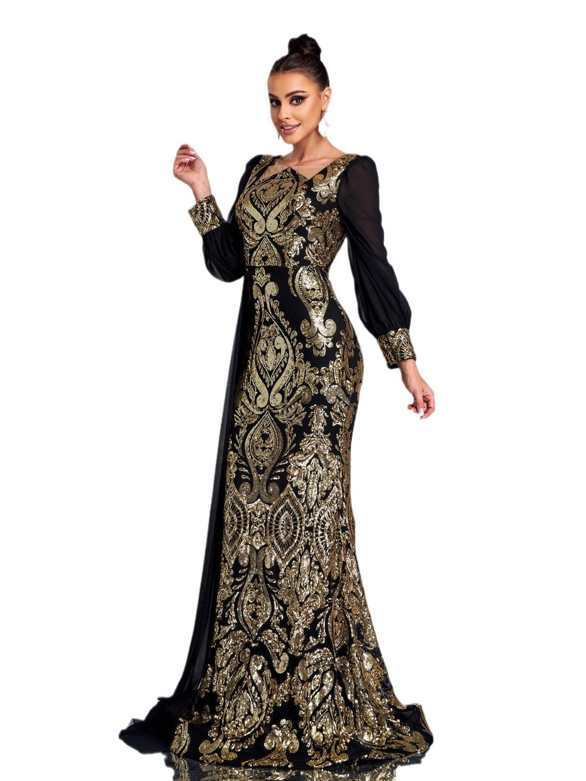 Square Neck Sequin Flowing Ribbon Maxi Dress