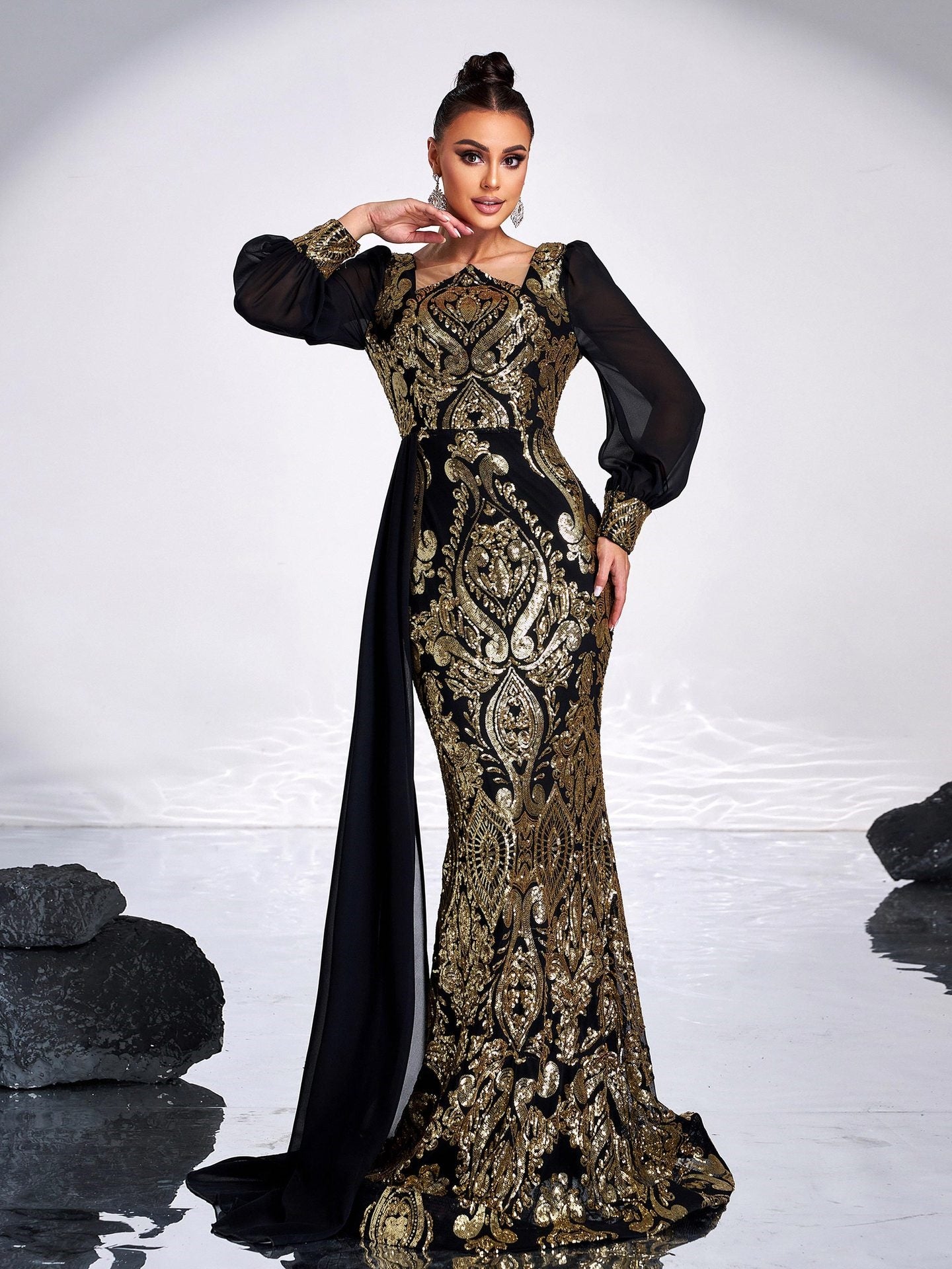 Square Neck Sequin Flowing Ribbon Maxi Dress