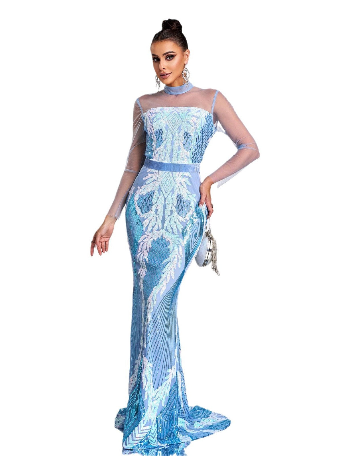 Round Neck Sheer Sequin Evening Gown Maxi Dress