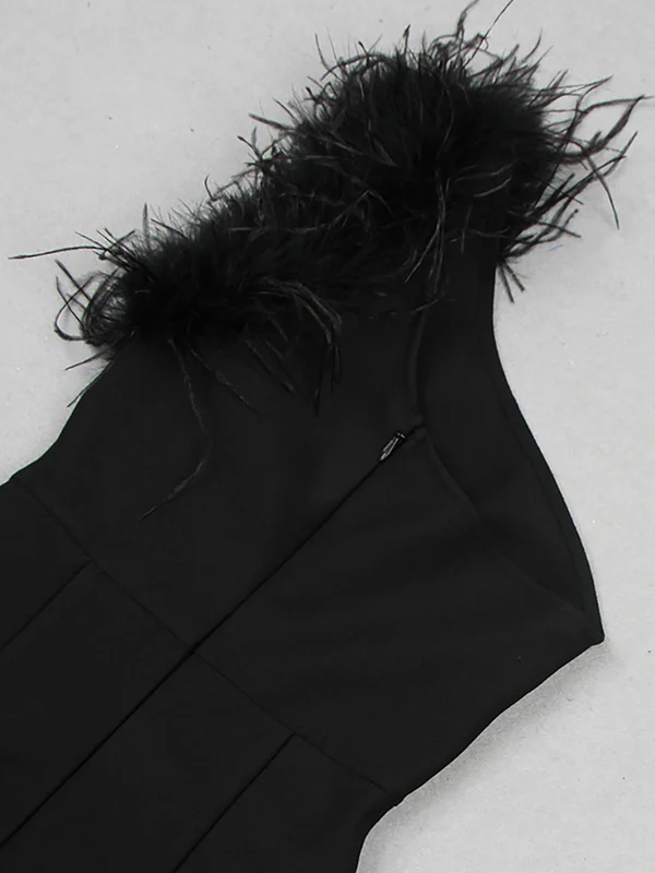 Ostrich Fur One Shoulder Bandage Dress