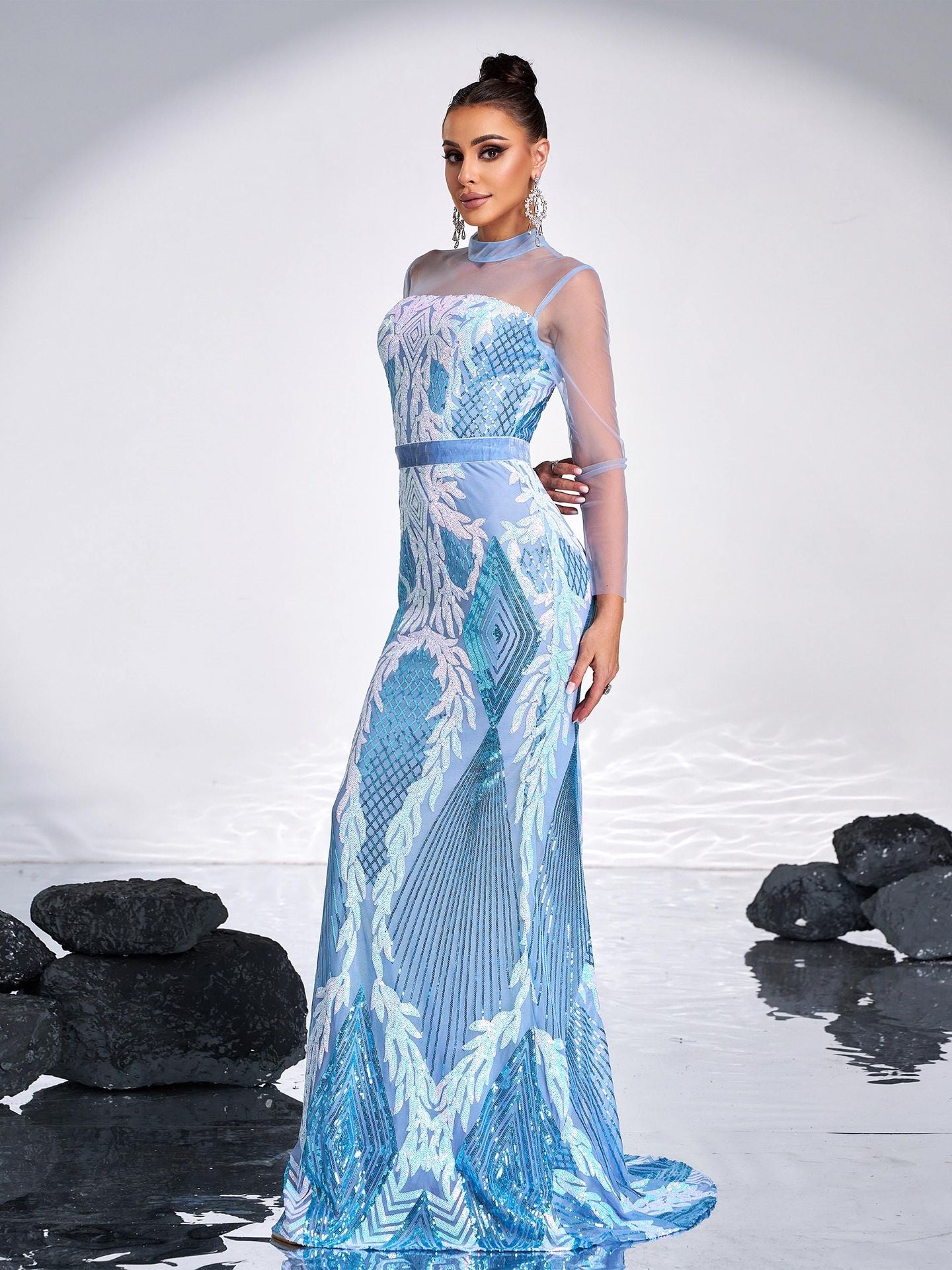 Round Neck Sheer Sequin Evening Gown Maxi Dress