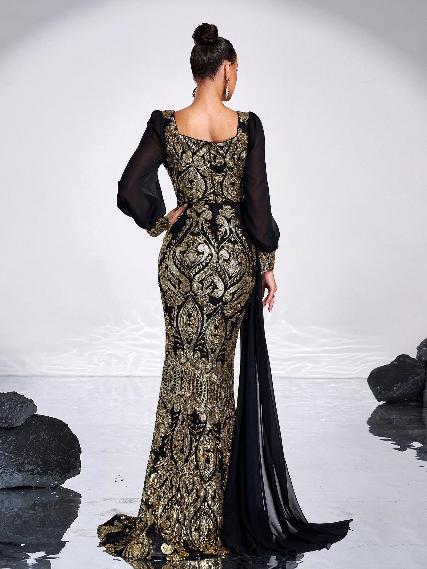 Square Neck Sequin Flowing Ribbon Maxi Dress