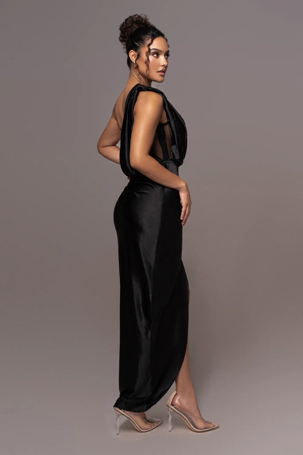 Strapless Sheer Ruched Evening Gown Dress - Black