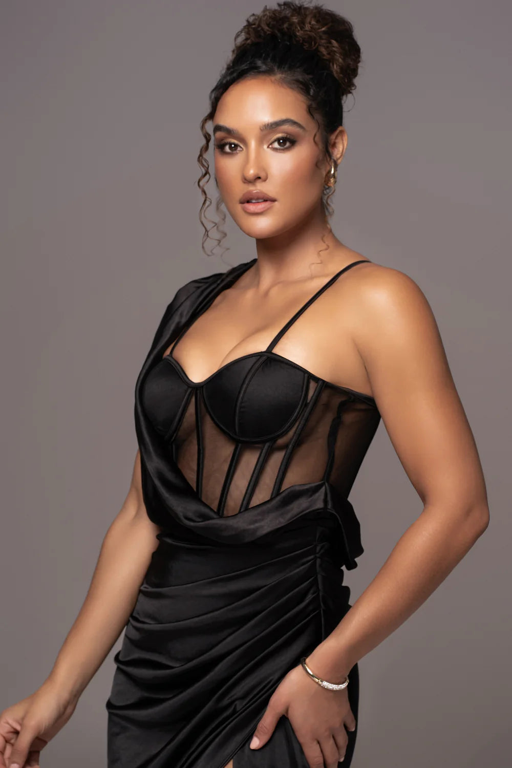 Strapless Sheer Ruched Evening Gown Dress - Black