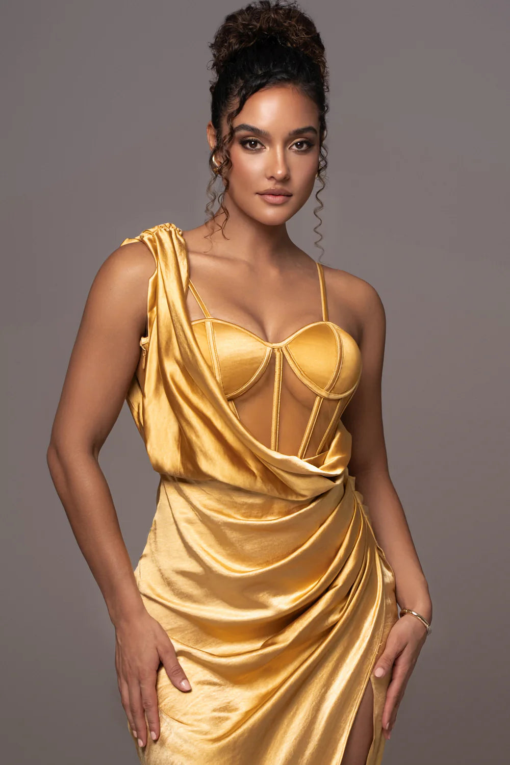 Strapless Sheer Ruched Evening Gown Dress - Yellow