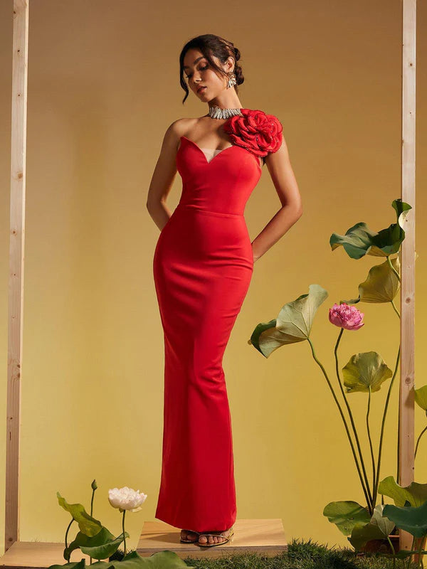 Strapless Deep V One Shoulder Flower Maxi Dress
