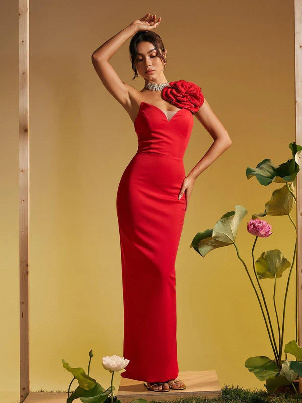 Strapless Deep V One Shoulder Flower Maxi Dress