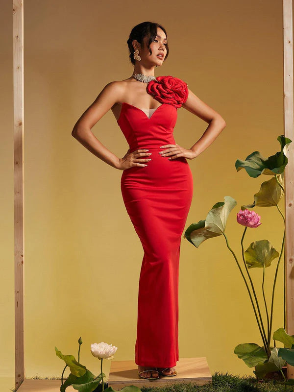 Strapless Deep V One Shoulder Flower Maxi Dress